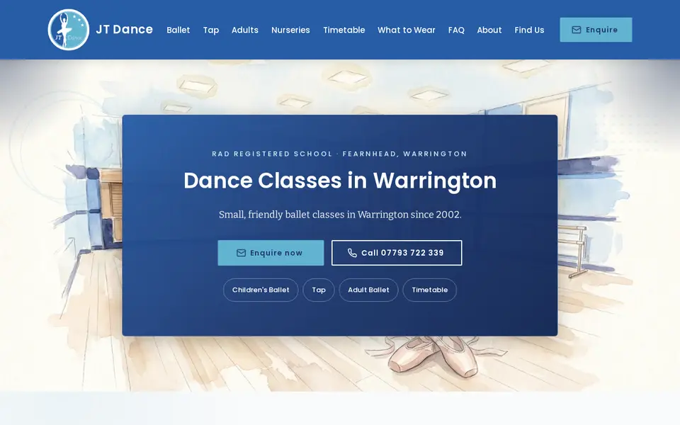 The JT Dance website homepage: Dance Classes in Warrington, with enquire and call buttons